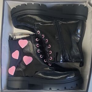 Black Combat Boots with Pink Heart Accents